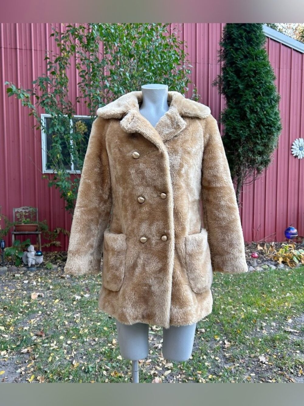 Vintage Mackintosh Golden Tan Mid Length Faux Fur Pea Coat~S~